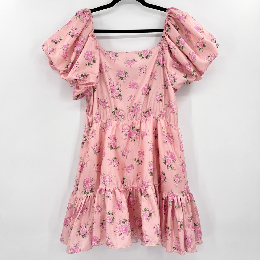 LoveShackFancy x Target Cecile Puff Sleeve Pink Satin Floral Mini Dress Size 12 - Picture 3 of 11